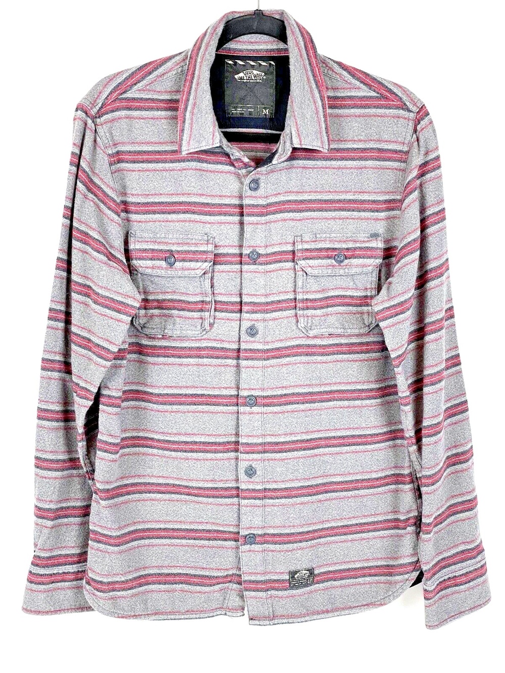 VANS Flannel Button Down Shirt Red & Gray Striped Front Pockets - Men's Size M